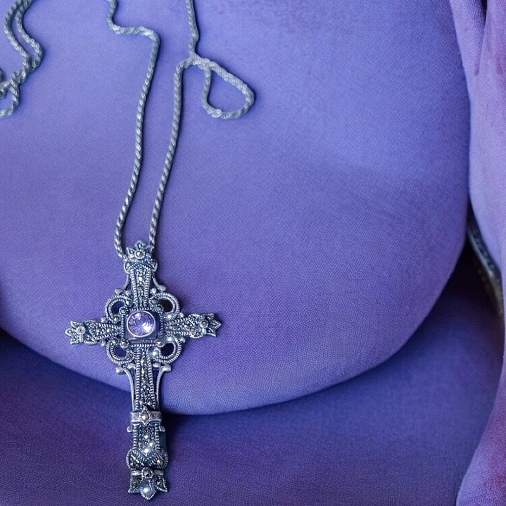 Sterling Silver Necklace Pendant Amethyst Marcasite Cross Christian Catholic
